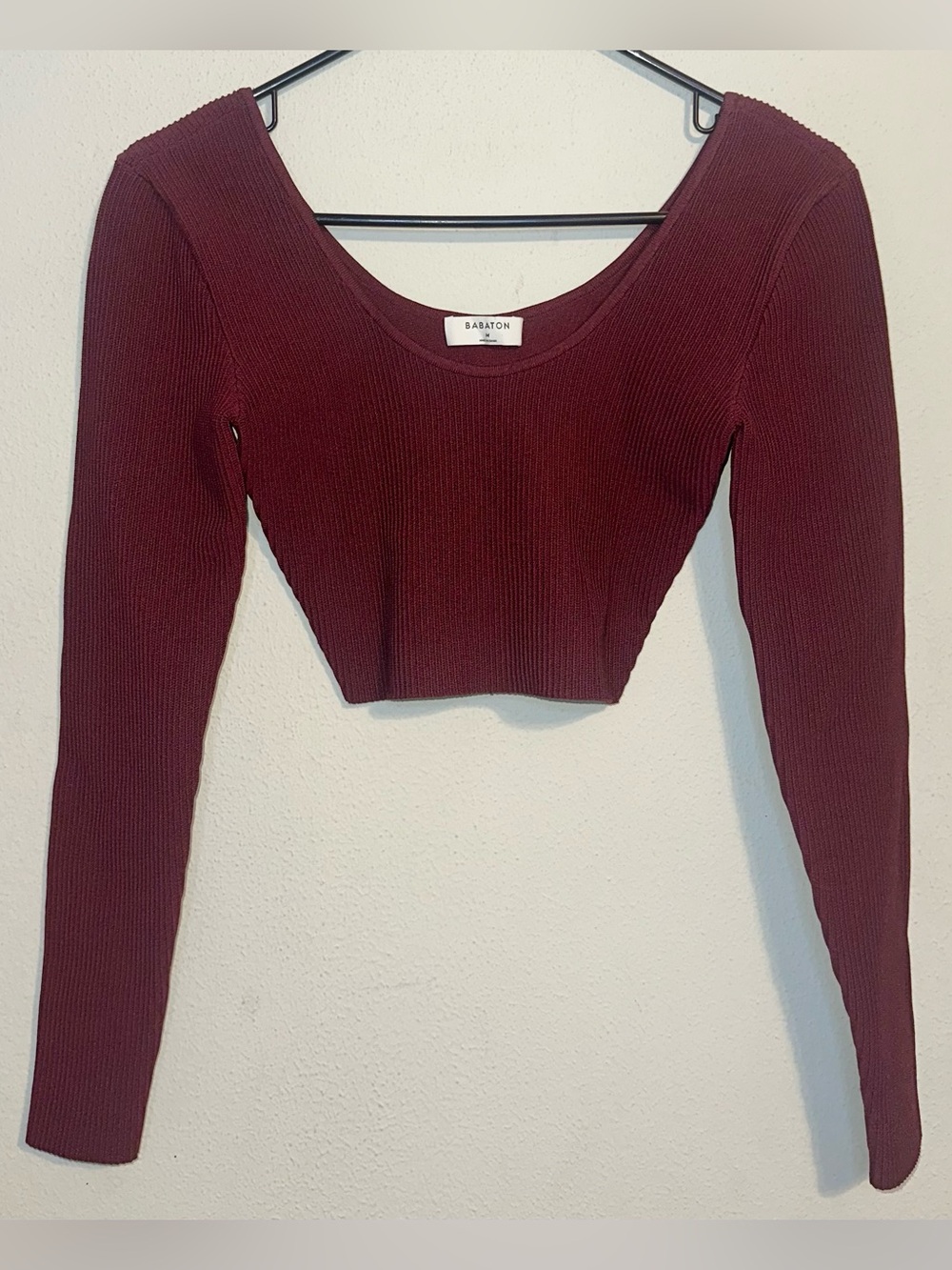 Babaton Maroon Ribbed Long Sleeve Crop Top